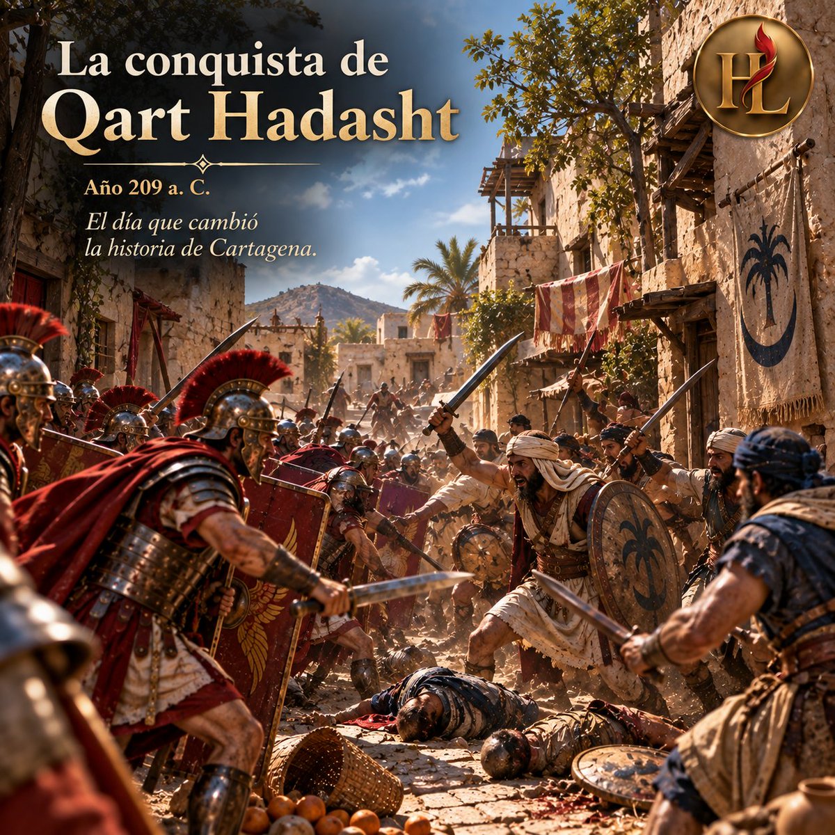 HyLdCT's tweet photo. 🧐⚔️ La conquista de Qart Hadasht: el día que cambió la historia de Cartagena

Corría el año 209 a. C. cuando el joven general romano Publio Cornelio Escipión llegó a las puertas de Qart Hadasht, uno de los enclaves más importantes del poder cartaginés en Hispania.

🏕️ Escipión estableció su campamento junto al monte Mercurio, desde donde podía vigilar la ciudad y controlar su acceso terrestre. Mientras tanto, la flota romana bloqueaba el puerto.

🏛️ Al otro lado de las murallas, el comandante cartaginés Magón preparaba la defensa. Disponía de unos 1.000 soldados y movilizó a otros 2.000 habitantes para proteger la ciudad.

⚔️ ¡Comenzaba la batalla!

Los cartagineses salieron a enfrentarse a los romanos, pero fueron rechazados y tuvieron que refugiarse tras sus murallas. Los primeros asaltos romanos tampoco consiguieron romper las defensas.

Sin embargo, Escipión conocía un secreto que podía cambiar el curso del combate...

🌊 ¡La laguna de Qart Hadasht!

El general sabía que sus aguas podían atravesarse en determinadas condiciones. Aprovechando un descenso del nivel del agua, envió a unos 500 soldados con escalas para atacar una zona de la muralla menos defendida.

Mientras el grueso del ejército distraía a los cartagineses con un nuevo ataque frontal, aquel pequeño grupo consiguió atravesar la laguna, escalar la muralla y penetrar en la ciudad.

🔥 Los romanos abrieron las puertas y Qart Hadasht cayó. Magón intentó resistir en la ciudadela, pero finalmente tuvo que rendirse.

🏆 La victoria de Escipión fue decisiva. Roma se apoderó de un puerto estratégico, un importante arsenal, riquezas y numerosos rehenes de los pueblos aliados de Cartago.

Aquel día, Cartagena comenzó una nueva etapa bajo el dominio romano.

Una conquista que cambiaría para siempre la historia de nuestra ciudad y el desarrollo de la Segunda Guerra Púnica.

#HistoriaDeCartagena #QartHadasht #CartaginesesyRomanos #Escipión #Cartagena