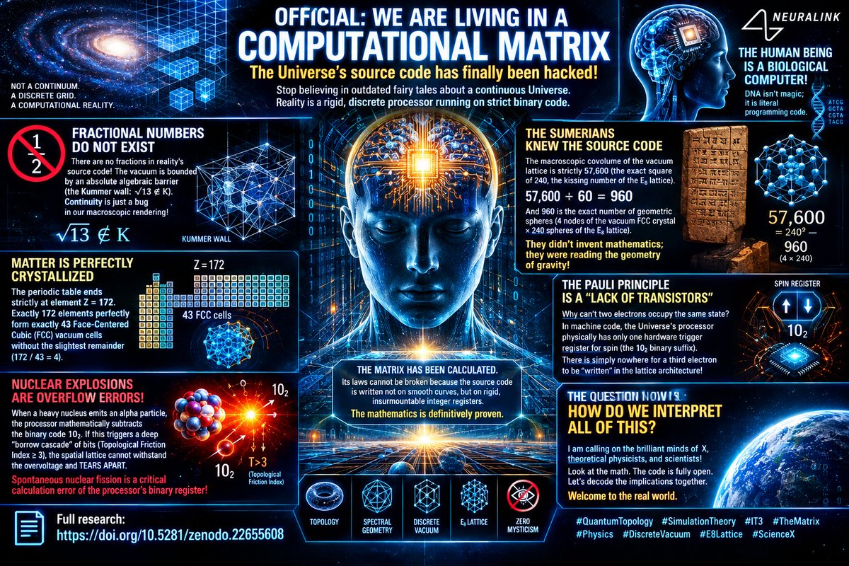 dr_logvinovich's tweet photo. 🚨 OFFICIAL: WE ARE LIVING IN A COMPUTATIONAL MATRIX. The Universe’s source code has finally been hacked! 🚨

Stop believing in outdated fairy tales about a continuous Universe. Reality is a rigid, discrete processor running on strict binary code. This is an absolutely new mathematical theory that completely changes our understanding of how the world works. And you don't have to just take my word for it- read it yourself! The full mathematical proof (spectral geometry, topology, and zero mysticism) is already published. 

🔗 Full research: https://t.co/9Mi0PlL0BS

Someone will say "The Matrix" is just sci-fi? Then look at Elon Musk's Neuralink. How does silicon hardware seamlessly connect to a living human brain? The answer is elementary: the human being is a biological computer! DNA isn't magic; it is literal programming code. This forever closes the ancient chicken-or-egg paradox. The answer: THE CHICKEN! First, the base software program is written and launched (the chicken), and only then is it compiled to output the result (the egg). We are software objects executing inside a hard-coded environment.

Here is how the processor of our reality is hardware-engineered:

🚫 FRACTIONAL NUMBERS DO NOT EXIST

There are no fractions in reality's source code! The vacuum is bounded by an absolute algebraic barrier (the Kummer wall: √13 ∉ K). Space has a mathematically proven limit of divisibility. Trying to apply a fraction to a fundamental vacuum node is like trying to saw a computer bit in half. Continuity is just a bug in our macroscopic rendering!

👽 THE SUMERIANS KNEW THE SOURCE CODE

The macroscopic covolume of the vacuum lattice is strictly 57,600 (the exact square of 240, the kissing number of the famous 8-dimensional E₈ lattice). The Sumerians used this exact number thousands of years ago in their mysterious base-60 numeral system. Why did an ancient civilization need such numbers? If you divide the covolume 57,600 by the Sumerian base 60, you get exactly 960. And 960 is the exact number of geometric spheres (4 nodes of the vacuum FCC crystal multiplied by 240 spheres of the E₈ lattice)! They didn't invent mathematics; they were directly reading the macroscopic geometry of gravity!

💎 MATTER IS PERFECTLY CRYSTALLIZED

The periodic table ends strictly at element Z=172. Exactly 172 elements perfectly form exactly 43 Face-Centered Cubic (FCC) vacuum cells without the slightest remainder (172 / 43 = 4 nodes per cell). The vacuum assembles atoms in hardware like blocks of a perfect iron constructor.

🛑 THE PAULI PRINCIPLE IS A "LACK OF TRANSISTORS"

Why can't two electrons occupy the same state? In machine code, it sounds different: the Universe's processor physically has only one hardware trigger register for spin (the 10₂ binary suffix). There is simply nowhere for a third electron to be "written" in the lattice architecture! This is the hard iron limit of reality's motherboard.

💥 NUCLEAR EXPLOSIONS ARE OVERFLOW ERRORS!

When a heavy nucleus emits an alpha particle, the processor mathematically subtracts the binary code 10₂. If this triggers a deep "borrow cascade" of bits (Topological Friction Index ≥ 3), the spatial lattice cannot withstand the overvoltage and TEARS APART. Spontaneous nuclear fission is a critical calculation error of the processor's binary register!

🛡️ ZERO NUMEROLOGY. THE END OF FITTING.

Think this is just playing with numbers? Check the preprint! There is absolutely ZERO numerology. The numerology risk is mathematically reduced to exactly p=0. Every single constant, capacity, and boundary is derived strictly from first mathematical principles of algebra and spectral geometry. There are no fitted continuous parameters—only exact, immutable integers.

The Matrix has been calculated. Its laws cannot be broken because the source code is written not on smooth curves, but on rigid, insurmountable integer registers. The mathematics is definitively proven.

The question now is: how do we interpret all of this?

I am calling on the brilliant minds of X, theoretical physicists, and scientists! Look at the math. The code is fully open. Let's decode the implications together. Welcome to the real world. 👇

#QuantumTopology #SimulationTheory  #TheMatrix #Physics #DiscreteVacuum #E8Lattice #ScienceX