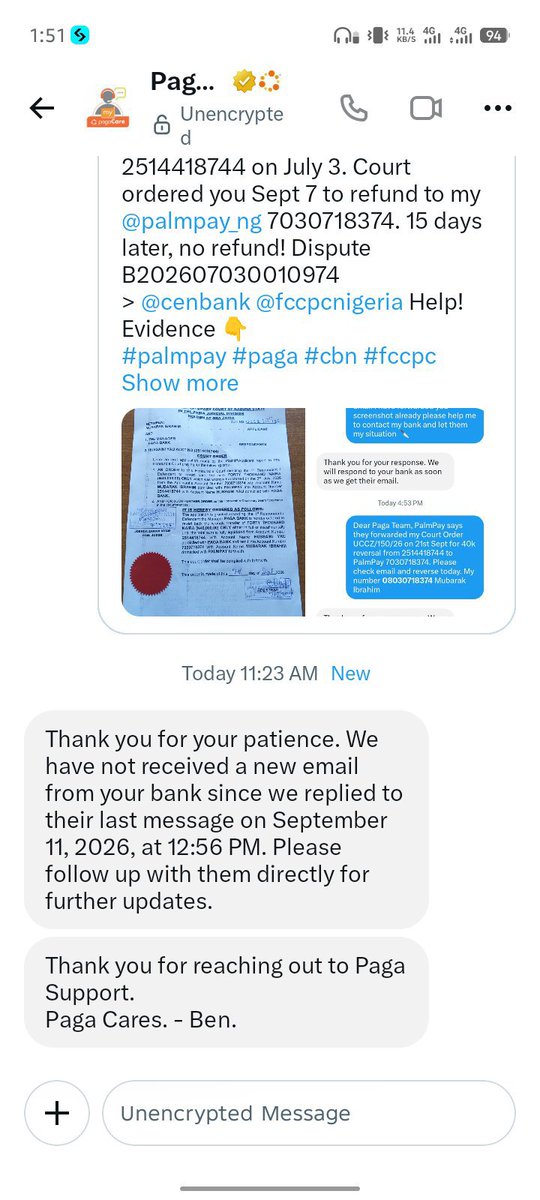 Web3JobRadar's tweet photo. @palmpay_ng @cenbank My 40k stuck since July 3! Dispute B202607030010974. You said you forwarded Court Order UCCZ/150/26 to @mypagacare on Sept 21. Paga says they got NOTHING from you since Sept 11! Release my money now! 7030718374 to 2514418744. Mubarak Ibrahim https://t.co/rdhzDqGscq