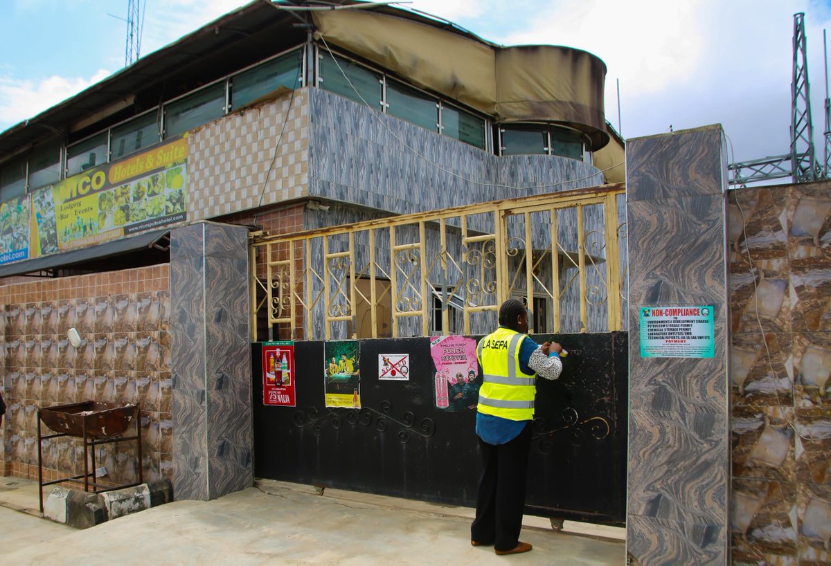 LasepaOfficial's tweet photo. 9. Nico Hotel & Suites, located at Ayawo Close, NEPA Bus Stop, Egbe-Isolo Road, Ejigbo, was sealed for non-compliance with the Agency’s directives.

10. 10Kobo Night Club, located on Abanishe Street, off Hostel Road, Agodo-Egbe, was sealed for noise pollution and non-compliance with the Agency’s directives.

11. Master Furniture, located on Coleman Street, Pao Bus Stop, Idimu-Ikota Road, was sealed for non-compliance with the Agency’s directives.

12. Nikky’s Executive Bar & Lounge, located on Governor’s Road, Ikotun, was sealed for non-compliance with the Agency’s directives.

Speaking on the enforcement operation, the General Manager of LASEPA, Dr. Babatunde Ajayi, reaffirmed the Agency’s commitment to protecting public health and preserving the environment through sustained monitoring, regulatory compliance and effective enforcement of environmental standards across Lagos State.

@thetundeajayi stressed that environmental compliance is a collective responsibility, noting that LASEPA would continue to intensify enforcement actions against individuals, businesses, religious organisations and corporate bodies whose activities pose risks to the environment, public health and the wellbeing of Lagos residents.

He urged business owners, facility operators, religious institutions, scrap dealers and residents across the State to embrace environmentally responsible practices, obtain all necessary permits and approvals, comply fully with applicable environmental regulations and cooperate with LASEPA in its efforts to build a cleaner, healthier and more sustainable Lagos.