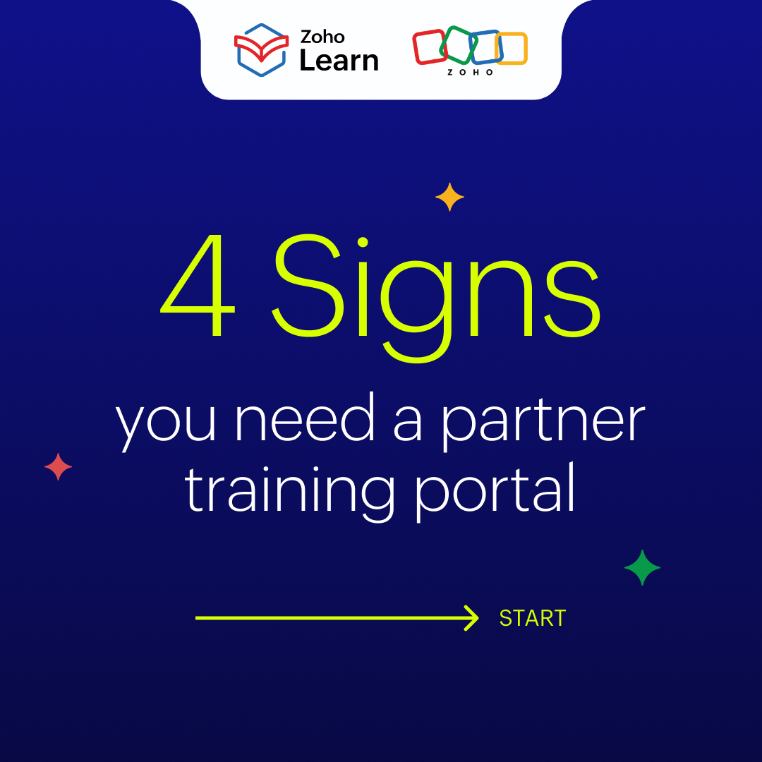 ZohoLearn's tweet photo. Keeping  your partners informed and engaged can be challenging! A dedicated partner training portal helps you bring all partner knowledge in one place. 

Swipe through to see 4 signs you need a partner training portal 👉

#PartnerTraining #LearningBeyondBoundaries https://t.co/MBSUi13MbY