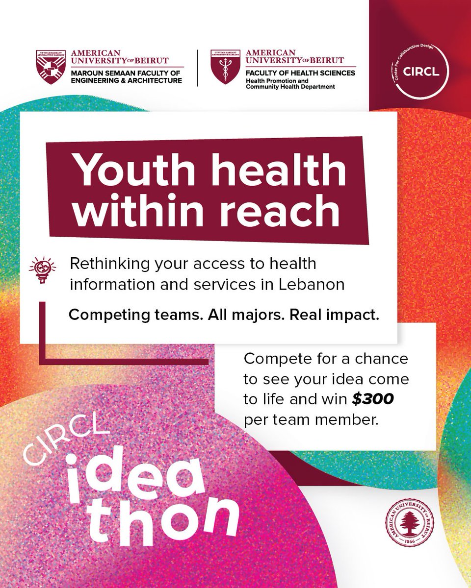 FHS_AUB's tweet photo. Join CIRCL, the Center for Collaborative Design, for its inaugural Ideathon this October! 🧠

Get HCD mentorship, collaborate with industry &amp; health experts, and earn an HCD certificate.

📅 Oct 2–3 | AUB
Learn more: https://t.co/oyNtoR01hd https://t.co/wzQApi7RB3