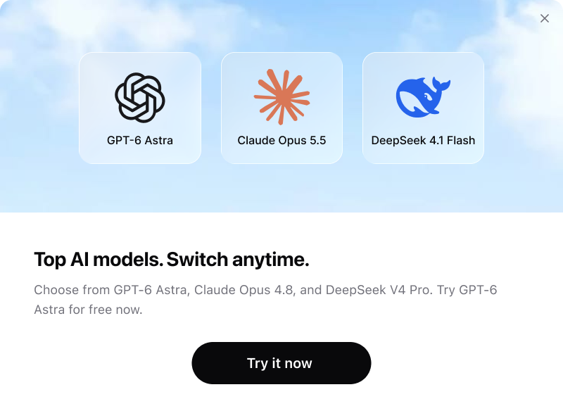 museaimuseai's tweet photo. BIG NEWS: Model switching is now live in MuseWork. 🚀
Choose from GPT-6 Astra, Claude Opus 4.8, and DeepSeek 4.1 Flash and switch anytime to match the task at hand.
More choice. 
More control. 
One place to get work done.
Try it now →https://t.co/gcRRhcnSae
