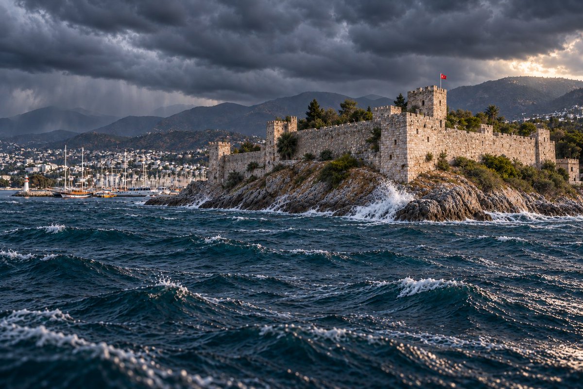 PinarBingol_Tr's tweet photo. BODRUM-TÜRKİYE; THE MEMORY OF STONE, THE MOVEMENT OF WATER
The sea returns, time and again; the stone holds each arrival within.
This work is a constructed photograph grounded in a real place, taking Bodrum Castle and its surroundings as its reference. The viewpoint, light, storm, and the moment the waves meet the shore have been shaped through creative decisions.
In my approach to “constructed photography,” I compose a moment in a real place that need never have occurred. The memory of the place meets the imagination of what is possible; the image becomes a personal way of seeing that place.
I seek the work’s originality in the possibility I make visible and the feeling through which I reveal it, rather than in claiming that it has never been photographed before. Here, the movement of water and the endurance of stone coexist within the storm.
Production note: This is an AI-generated photographic construction based on a reference photograph of a real location. It is not a record of an actual weather event and is not intended as architectural documentation.
© Pınar Bingöl | Artist-Writer.  Visual Design, Creative Thought, Concept & Story.
