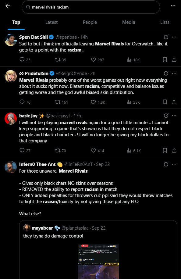 Fall2Man's tweet photo. A quick search on X regarding racism in *Marvel Rivals* yields posts that do little more than provoke laughter. Read each post a few times, then give it some thought—preferably twice. Do these problems actually exist in the game? https://t.co/JBN45JRnAg
