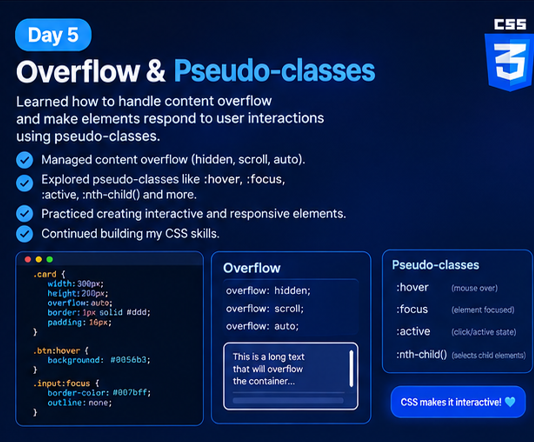 build_with_emma's tweet photo. 🚀 *Day 5 of coding*

Another day of learning and improving my CSS skills! 💻
Learnt:
* How to manage content overflow in CSS.
* Pseudo-classes like `:hover` and `:focus`.
* How to make elements respond to user interactions.
* More CSS concepts for creating interactive webpages. https://t.co/SiWWF6pT6k