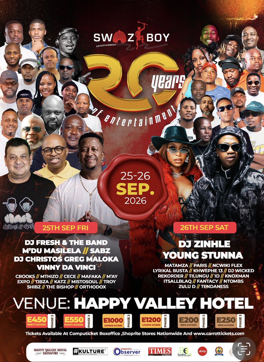 BuhleBakaNgwane's tweet photo. An electrifying weekend where music, culture and communitycome together in a spectacular tribute to 20 years of Swazi Boy's incredible journey and influence.
🗓️ 25-26 September 2026
📍 Happy Valley Hotel
#2Decades #Anniversary #celebrate https://t.co/GPqpe9sm9K
