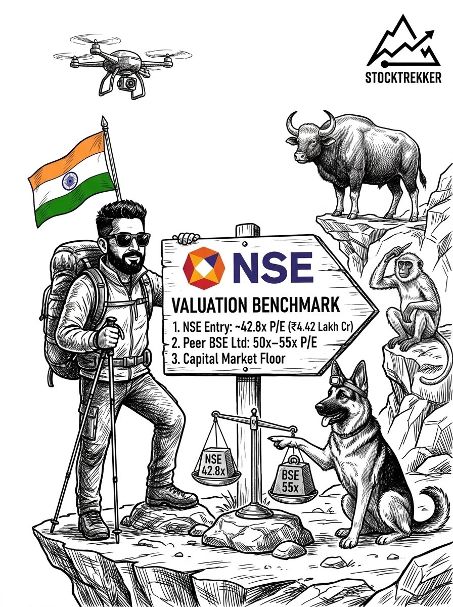 stocktrekker's tweet photo. ⚖️ Valuation Benchmark: At ₹1,785, NSE enters at ~42.8x P/E, establishing a valuation anchor against peer BSE Ltd (50x–55x).  

#NSEIPO #BSE #IPOListing #Nifty50 #DalalStreet #SmartMoney #MarketMicrostructure #FinancialLiteracy #CDSL #IndianStockMarket https://t.co/7S2tQeGinY