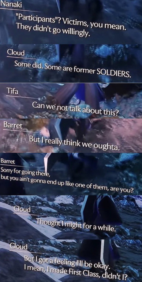 chairwoman_H's tweet photo. The convo the party has at the beginning of the TGS demo.

Honestly I really appreciate Barret for being straightforward here. Since Aerith is gone, he seems like the emotional pillar of the group.

Also, Cloud seems to know that the robes has both Hojo experiments and SOLDIERs. https://t.co/cSSMKxI65o