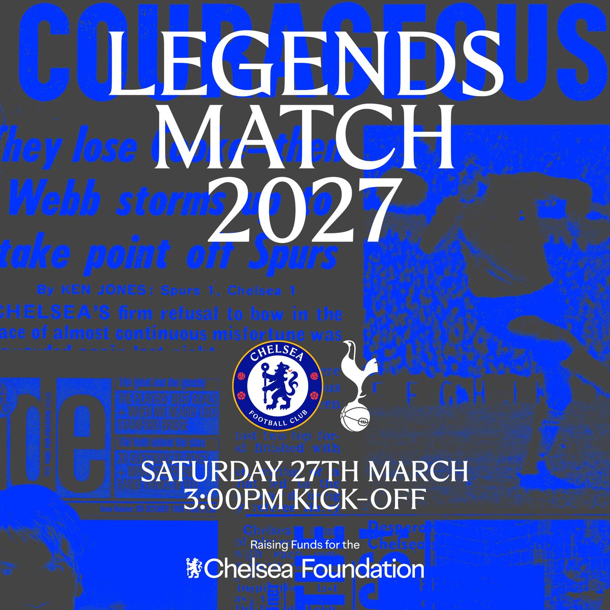 ChelseaFC's tweet photo. Chelsea Legends vs Tottenham Hotspur Legends.

📅 Saturday 27 March 
📍 Stamford Bridge 
🎟️ Tickets on sale from Monday 5 October 
💙 Raising funds for @CFCFoundation