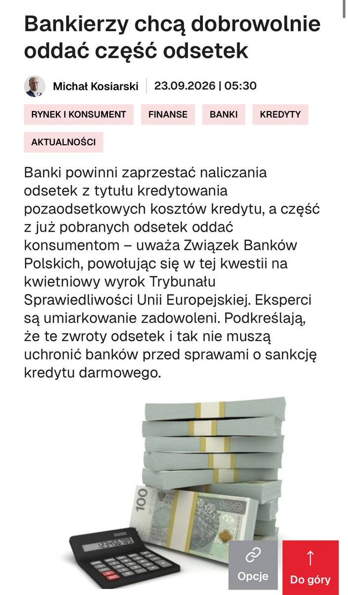 JuszczakKamila's tweet photo. „Dobrowolny” zwrot odsetek? Z tym określeniem trudno się zgodzić. ❗️

Banki deklarują, że chcą dobrowolnie oddawać klientom część odsetek naliczonych od kredytowanych kosztów.

Tylko że to nie jest kwestia dobrej woli banków. To konsekwencja wyroku TSUE w sprawie C-744/24 ⚠️Trybunał przesądził, że bank nie może naliczać odsetek od kwot przeznaczonych na pokrycie kosztów kredytu. 

Dlatego trudno przedstawiać zwrot tych kwot jako gest banków wobec konsumentów. To raczej korekta sposobu rozliczania kredytów po rozstrzygnięciu TSUE.

I pozostaje jeszcze jedno zasadnicze pytanie: dlaczego zwrot ma obejmować tylko część należnych kwot i kto ma decydować, jaka część rzeczywiście się należy?

Bo „dobrowolny zwrot” brzmi dobrze w komunikacie prasowym.
Znacznie ważniejsze jest prawidłowe rozliczenie umowy. ⚖️