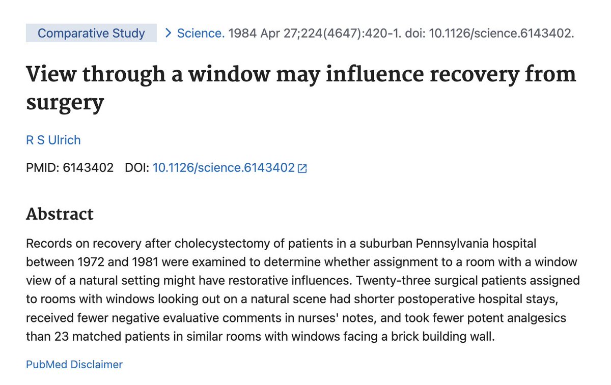 anishmoonka's tweet photo. Patients recovering from gallbladder surgery in rooms that looked out on trees went home after 7.96 days on average. Matched patients whose window faced a brown brick wall stayed 8.70 days. The tree-view group also needed far fewer strong painkillers.

Roger Ulrich went through the records of a suburban Pennsylvania hospital for operations between 1972 and 1981. He used only surgeries from May to October, when the trees had leaves. The rooms were nearly identical in size, window and furniture. Patients were put in whichever room came free. Science published the two-page paper in 1984.

Each tree-view patient was paired with a wall-view patient of the same sex, similar age, smoking status, weight category and floor. That gave 23 pairs. A nurse who did not know which view each patient had pulled the data from the files.

Nurses wrote 3.96 negative notes per wall-view patient, such as "upset and crying" or "needs much encouragement." Tree-view patients got 1.13. On days two to five after surgery, wall-view patients took 2.48 strong painkiller doses each and the tree-view patients took 0.96. The tree group took more weak doses, drugs like aspirin and acetaminophen. On the day of surgery and the day after, and again on days six and seven, the groups did not differ.

Forty-six patients in one hospital is a small sample, and this was a look back through old records, with no random assignment to rooms. The nurses' stations sat slightly closer to the wall-view rooms. Ulrich himself warned that the wall was dull and largely featureless. For long-stay patients suffering from boredom, he wrote, a lively city street might do more good than many natural views.

Both groups had the same window, 1.83 metres high and 1.22 metres wide. The main difference was what lay beyond the glass. Ulrich concluded that decisions on how hospitals are designed and where they are built should take the quality of that view into account. https://t.co/BBxszzK6CC