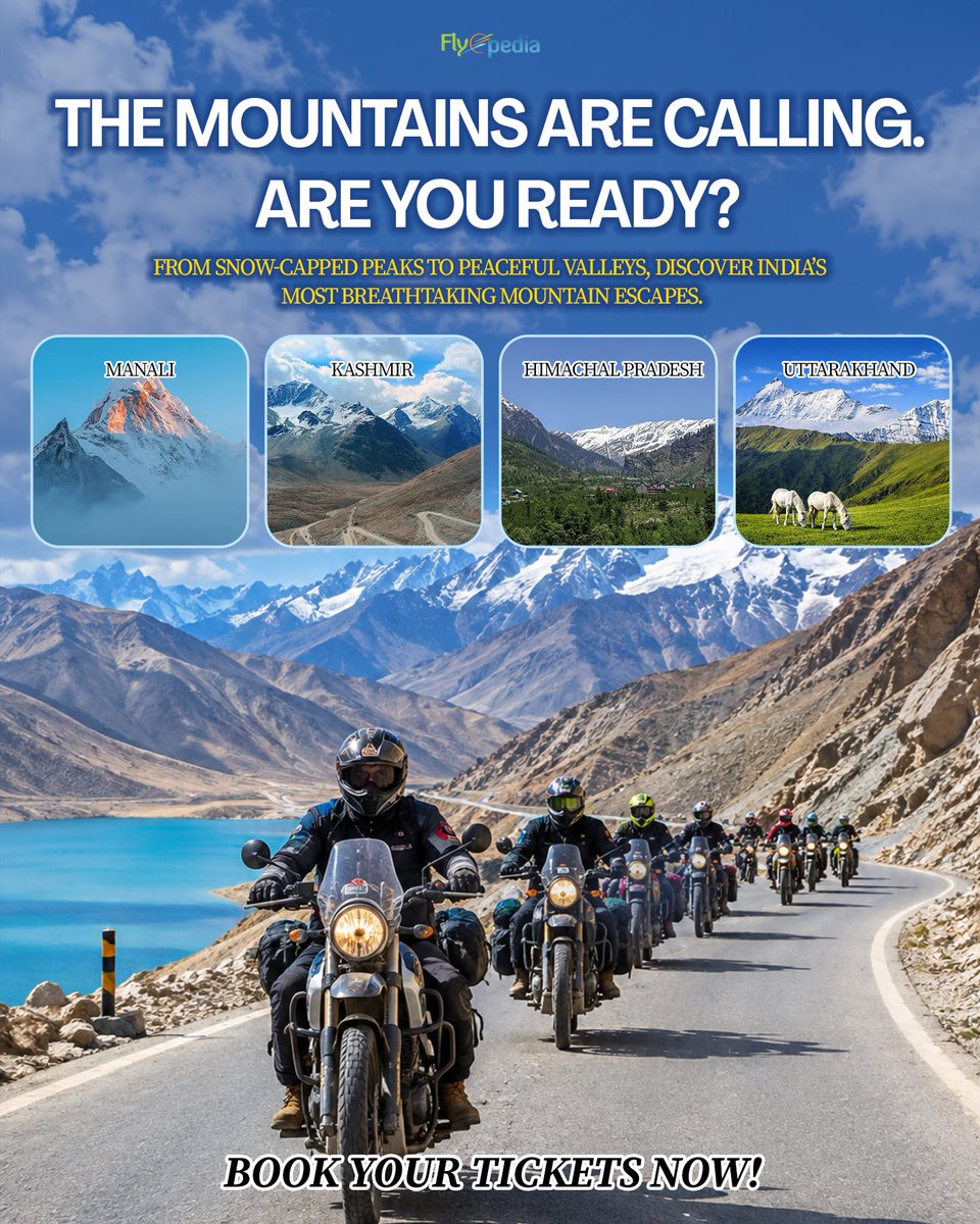 FlyopediaC's tweet photo. 🏔️ The mountains are calling! ✨
From Kashmir to Manali, your next adventure awaits. 🏍️✈️Book your journey with Flyopedia Canada today!#FlyopediaCanada #ExploreIndia #MountainEscape #TravelIndia https://t.co/iBp5BqIYle