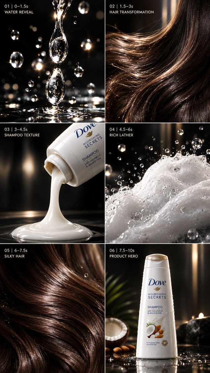 1H77k's tweet photo. Prompt:

Create a premium cinematic Dove Shampoo beauty commercial in vertical 9:16, 10 seconds, ultra-realistic 4K, luxury beauty advertising style, elegant studio lighting, realistic hair physics, glossy water droplets, detailed liquid textures, cinematic depth of field, and smooth high-end camera movement.

PRODUCT LOCK — CRITICAL:
Use the exact Dove Shampoo bottle from the provided reference image. Preserve the original bottle shape, proportions, size, Dove logo, label artwork, typography, colors, cap design, material, texture, and every packaging detail exactly. Do not redesign, simplify, replace, or reinterpret the packaging. Keep all label text sharp and readable. One bottle only.

01 | 0–1.5s — WATER REVEAL

Extreme macro shot of crystal-clear water droplets falling in slow motion against a pristine soft-white background. Droplets sparkle under elegant beauty lighting. Camera performs a subtle cinematic forward push. Ultra-realistic liquid physics, crisp highlights, shallow depth of field.

02 | 1.5–3s — HAIR TRANSFORMATION

Close-up of long, silky, healthy-looking hair flowing naturally in slow motion. Individual strands remain realistic and detailed. Gentle airflow creates smooth, graceful movement while soft studio lighting produces beautiful natural highlights and shine.

03 | 3–4.5s — SHAMPOO TEXTURE

Extreme macro shot of creamy white Dove shampoo flowing smoothly from the exact reference bottle, forming a rich glossy ribbon. Capture the luxurious creamy texture, subtle reflections, and realistic viscosity. Keep the bottle and packaging undistorted.

04 | 4.5–6s — RICH LATHER

The creamy shampoo blends with fresh water and transforms into soft, luxurious foam. Tiny realistic bubbles and water droplets surround the lather. Extreme macro cinematography with clean highlights, silky textures, and a fresh premium atmosphere.

05 | 6–7.5s — SILKY HAIR

Camera smoothly glides through beautifully soft, shiny hair as it naturally sways in slow motion. Every strand reacts realistically to gentle airflow. Bright, diffused beauty lighting emphasizes smoothness, softness, and healthy-looking shine.

06 | 7.5–10s — PRODUCT HERO

Reveal the exact Dove Shampoo bottle from the reference image, standing perfectly upright on a glossy white surface. Surround it with a few elegant water droplets and subtle realistic reflections. Clean white premium studio environment. Camera performs a slow, controlled cinematic push-in toward the bottle.

FINAL 1 SECOND: Hold the exact product clearly and steadily in frame. Bottle remains perfectly sharp, centered, fully visible, and undistorted.

VISUAL STYLE

Luxury beauty commercial, clean, fresh, elegant, feminine, premium skincare/haircare advertising aesthetic, photorealistic 4K, realistic hair physics, realistic liquid simulation, glossy highlights, cinematic depth of field, soft diffusion, sophisticated studio lighting, smooth controlled camera motion, premium TV-commercial quality.

NEGATIVE PROMPT

Distorted bottle, altered packaging, redesigned label, misspelled text, fake Dove logo, incorrect typography, warped cap, changed colors, duplicate bottle, extra products, floating bottle, deformed packaging, unrealistic hair, plastic-looking hair, stiff hair, fake liquid physics, excessive foam, hands covering product, people, watermark, subtitles, captions, cluttered background, shaky camera, low resolution, CGI-looking render.