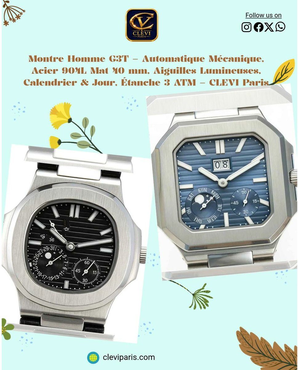 ManualDoiron's tweet photo. Unmissable deal! CLEVI Paris G3T men’s mechanical automatic watch with a 40 mm matte 904L steel case, luminous hands, date and day display, and 3 ATM water resistance, now just €345. 99. Get yours now! https://t.co/MFcjoKgtw6