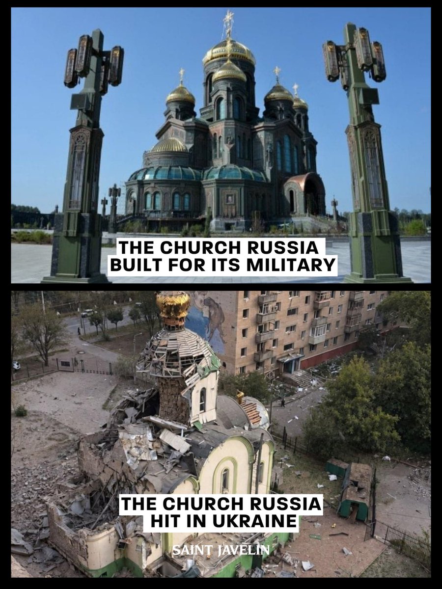 saintjavelin's tweet photo. Russia often presents itself to the world as a deeply Christian country, a defender of faith and “traditional Christian values.”

At the same time, it has built an enormous cathedral dedicated to its Armed Forces, while the Russian Orthodox Church openly provides spiritual support to the military fighting in Ukraine. Patriarch Kirill himself continues to describe the Church’s work with Russian troops as especially important during the war. 

And then there is the other side of that “Christianity.”

Yesterday, a Russian attack seriously damaged the Church of the Nativity of St. John the Baptist in Kramatorsk, Ukraine. Its walls, roof and dome were badly damaged, and the metal structure was twisted by the blast wave. 

If this is Russia’s Christianity, what exactly does it stand for?