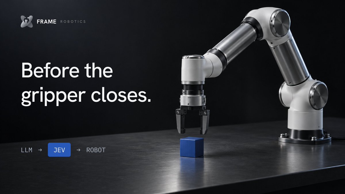 Frame_Robotics's tweet photo. We're taking a closer look at JEV.

The split we already wanted looks like this. A language model as the brain. A decision model as the gate. The llm reads the task, the demo, the scene. Jev does not write a plan and it does not move joints. It scores the next commit. Grasp or abort. Retry or hold. Is this contact stable enough to keep going.

That stack is technically real. Slow layer proposes. Fast layer votes. Controller runs the arm. Jev is the vote in a form software can consume. A choice, a score, a yes or no, with a probability. Cheap enough for the decision loop. Not the 1khz loop. That still belongs to the hardware.

Jev cannot see a camera. Your code has to turn the scene into state first. It cannot be the safety layer. If confidence is low, you stop in code.

There is still a lot of work. Test it on real ticks. Measure whether 80% confident is actually right 80% of the time on your robot. Perception, rates, fallbacks, what happens when the scene dump is wrong. None of that is done.

JEV-class models in robotics are still promising. Worth the research time. Because the gate between "the model said pick" and "the gripper closed" finally has a shape you can afford to call.