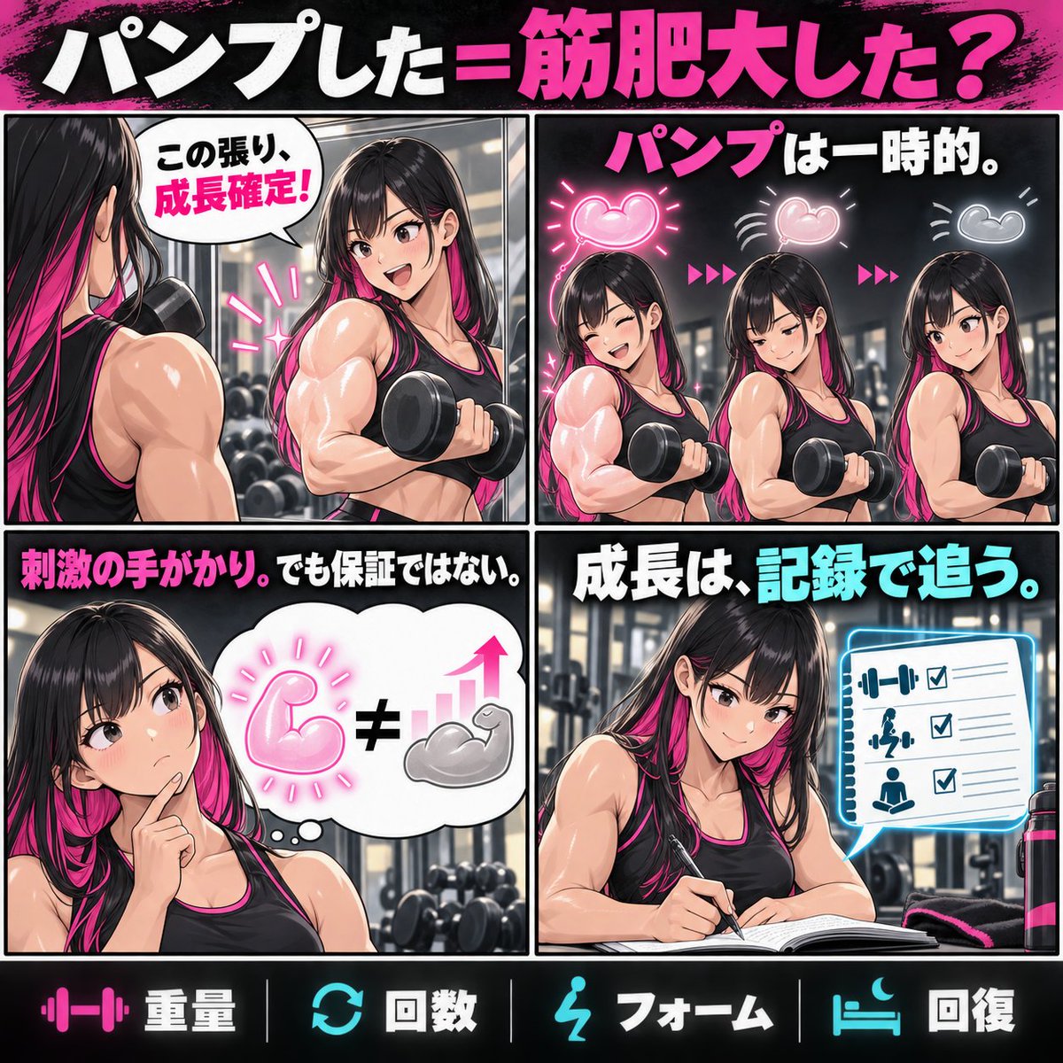 GymConquer's tweet photo. パンプは、成長の手がかり。
でも、その場の張りだけで筋肥大は確定しない。
重量・回数・フォーム・回復。
この4つを記録して、長期の変化を追おう💪 https://t.co/4uEg6r4Bp9