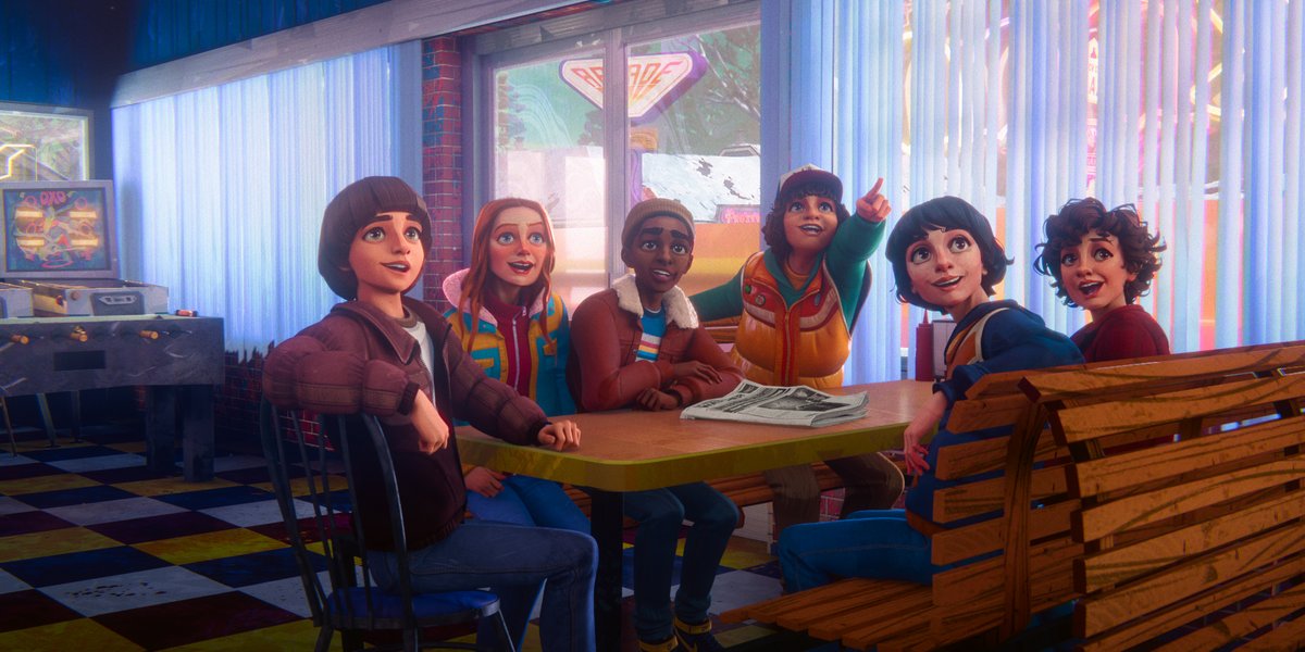 NetflixES's tweet photo. Once, Mike, Dustin, Lucas, Will y Max en primera línea de defensa contra las amenazas paranormales de Hawkins en la segunda temporada de 'Stranger Things: Relatos del 85' 🕵🏽 https://t.co/oFx8TE4Ctz