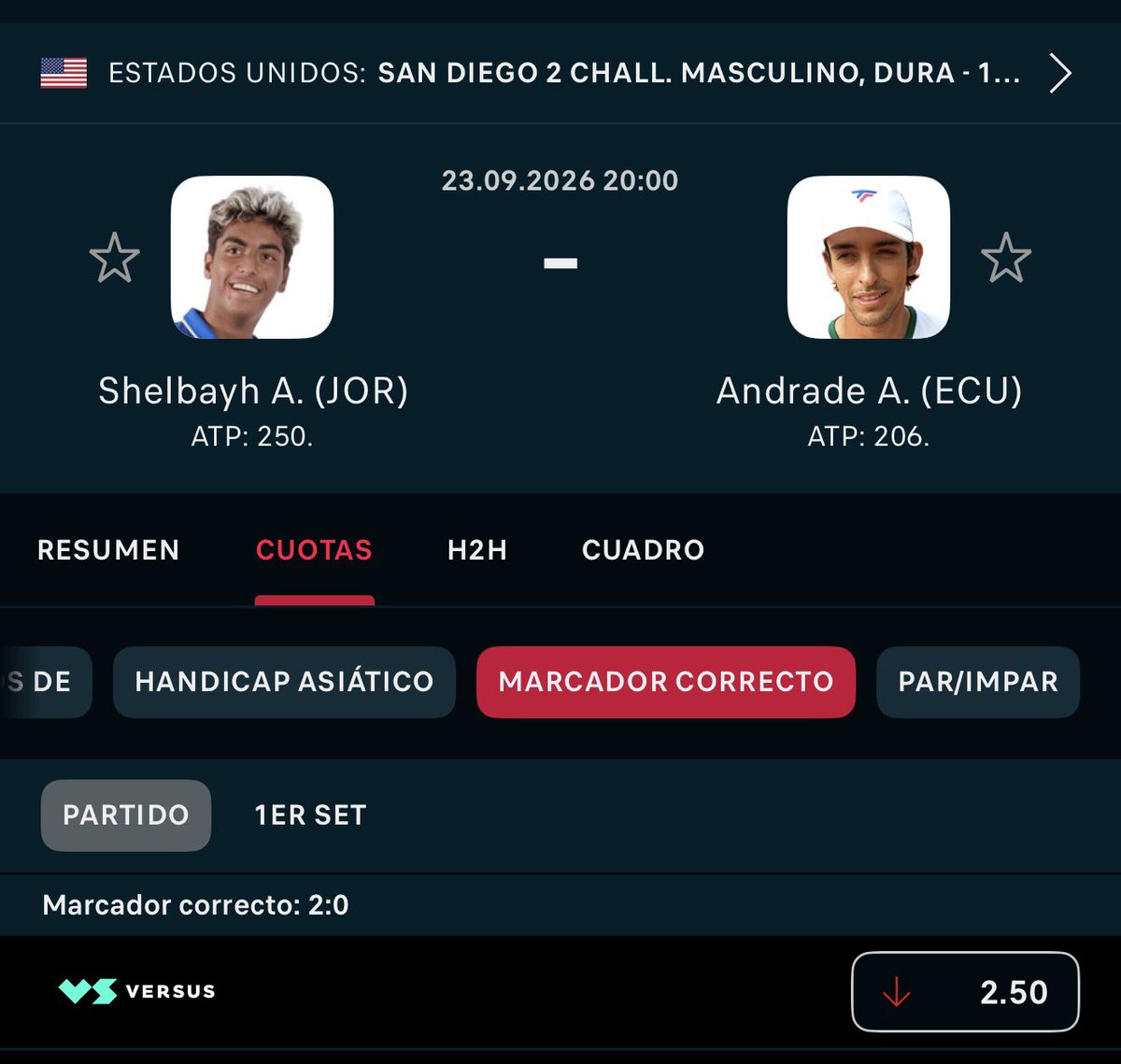 Analistas_Tenis's tweet photo. ⚠️ IDEAL PADA MULTIPLICAR X2.5

👉🏼 Gana Shelbayh 2-0 2.5 (Arriesgada)
👉🏼 Gana Shelbayh 1.64 (Recomendada)

Andrade llega a este Challenger de San Diego después de disputar la Copa Davis este fin de semana con Ecuador, donde perdió los dos partidos que jugó.

Y hay un detalle importante: las condiciones eran totalmente diferentes. En Copa Davis venía jugando en pista indoor, mientras que aquí, en San Diego, se encuentra con una pista con un bote bastante más alto y que exige una adaptación diferente.

A esto hay que sumarle el desgaste del viaje. Andrade ha tenido que desplazarse desde Londres hasta San Diego: unas 12 horas de viaje y, además, un cambio horario de 8 horas. Prácticamente sin margen para recuperar y adaptarse a las nuevas condiciones.

En el otro lado tenemos a Shelbayh, que llega en una situación completamente distinta. Lleva meses compitiendo en Estados Unidos, está totalmente adaptado a estas pistas y ya ha demostrado un gran nivel ante jugadores como Boyer o Zink.

Y hay otro factor que puede ser importante en el partido: Shelbayh es zurdo, algo que puede generar patrones de juego y situaciones incómodas para Andrade.

Por contexto, adaptación y condiciones, son dos jugadores que llegan a este partido en circunstancias muy diferentes.