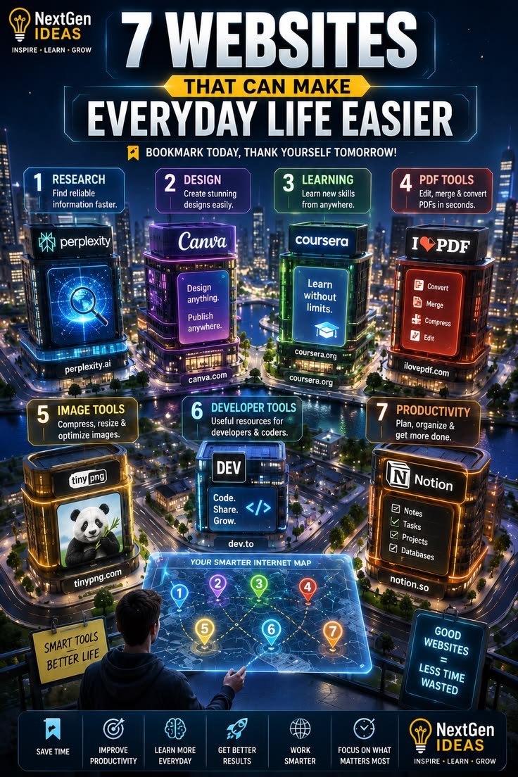 Asadhossaia3xe's tweet photo. 🚀 7 websites that can make everyday life easier! From research and design to learning, PDF tools, image optimization, coding, and productivity—these tools can save time and boost your workflow. 🔥

Bookmark this list! 🔖 https://t.co/fi25ymeBZI