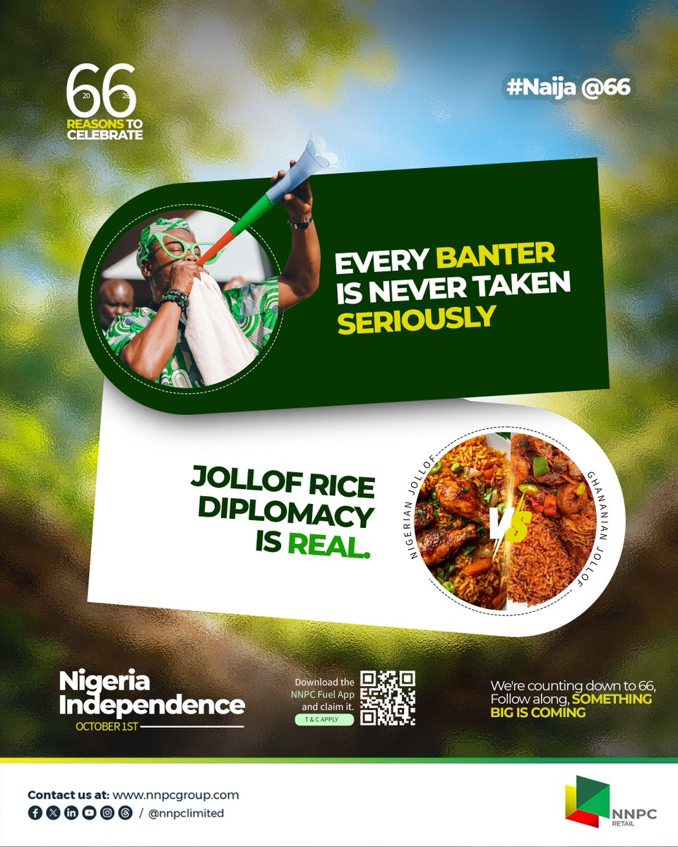 nnpclimited's tweet photo. In Naija everybody has an opinion.
It is never a boring moment, because Naija no dey carry last.
Something big is coming. Are you ready?
Download the NR Fuel App by scanning the QR code or visit https://t.co/Z7ovcj7Dwh today.
#NNPCNaija66
#FuelTheFreedom
#EnergyForToday
#EnergyForTomorrow