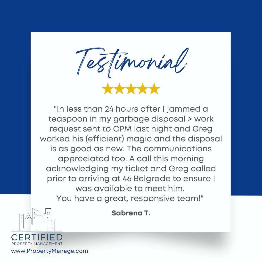 MeaghanSwenemm's tweet photo. Thank you, Sabrena, for your kind words! We’re glad Greg quickly fixed your garbage disposal and delivered the fast, reliable service we strive for every day. At Certified Property Management, communication and responsiveness matter. Thanks for https://t.co/ZqDMu2JCSg