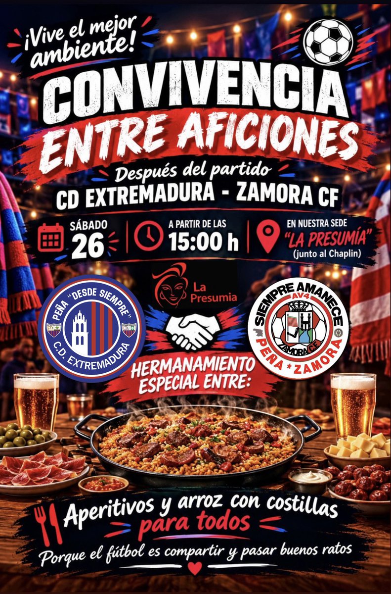 DesdeSiempreEXT's tweet photo. A falta de “PREVIA” por el horario del partido CD EXTREMADURA-ZAMORA a las 13.00h…
Pues esta vez disfrutaremos del 
POST-PARTIDO a partir de las 15.00h en nuestra sede “La Presumía” 
💙❤️⚽️❤️🤍🪭🥘🍻👏🏻
HERMANAMIENTO con la Peña Zamorana @SiAmaAV4 🥰🤗 https://t.co/9vovzcvXNq