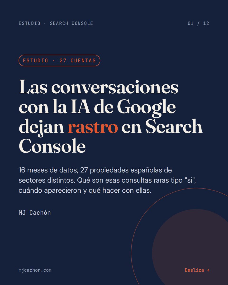 mjcachon's tweet photo. Si el otro día descubríamos que el 30% de consultas con AI Overviews, dejaba frases finales abiertas, para empujar al usuario a seguir la conversación, hoy intentamos ver en Google Search Console si hay rastro de esas conversaciones, acompáñame al análisis de 27 cuentas de GSC 👇 https://t.co/ktn354sJOQ