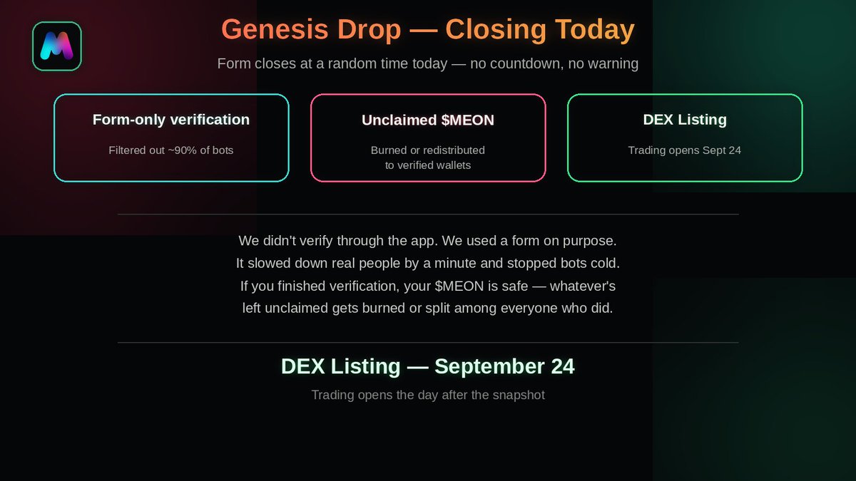 meondotfun's tweet photo. 💜Final moment before $MEON launches on the DEX.

We’re giving away 40% of all unclaimed coins to the people who made MEON what it is today.

Farcaster is leading the way, with more than 50K transactions in just a couple of months—and they’re all for MEON.

There are 33 spots open right now. Just join and contribute between 5 - 50 USDC-or until all the spots are filled

↪️ https://t.co/OK4SjQatFC

Your allocation will be proportional to the amount you contribute to MEON. That’s fair.

MEON remembers everything—and everyone who gave it a chance.

Be sure to fill out the form, or you won’t receive any coins. It’s a requirement.

⚠️ ↪️ https://t.co/krQxlF1EMl

The remaining 60% of the unclaimed Genesis airdrop will be burned miss out.

#MEON #Airdrop #Base #DeFi
