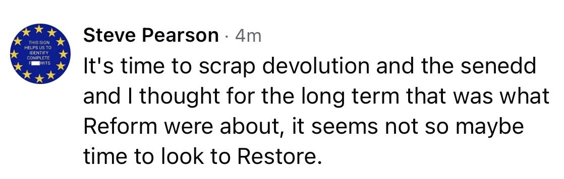 SeneddWaste's tweet photo. “Maybe time to look to Restore”. 

A voter’s reaction to Reform’s Senedd leader’s statement confirming she supports the Senedd and devolution. 

It’s proving problematic for the party. 

@RUKWales @RestoreBritain https://t.co/BRTEHbrhWm