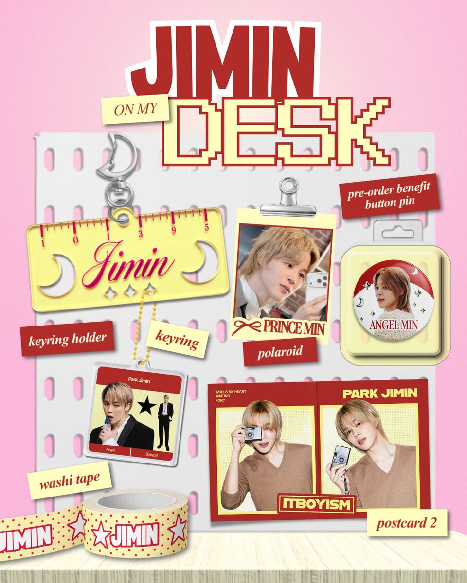 libracarts's tweet photo. JIMIN ON MY DESK — 1013 GOODS! ♡

because every desk deserves a little Jimin in celebration of jimtober. ♡

★ inclusions: keyring, keyring holder, button pin, stickers, polaroid, postcards, and washi tape

reply if "inch" interested!