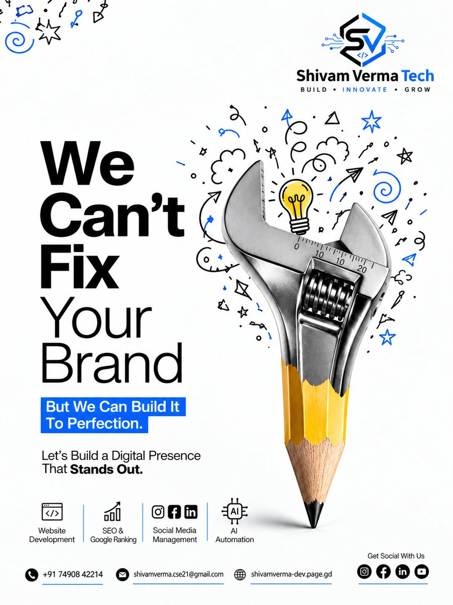 shivamvermatech's tweet photo. 🚀 Want more customers from online?

We can’t fix your brand ❌  
But we can BUILD it to perfection ✅  

Services:
✔ Website Development  
✔ SEO &amp; Google Ranking  
✔ Social Media Management  
✔ AI Automation  

Start growing your business digitally today 👇 https://t.co/oy6dRwgW3u