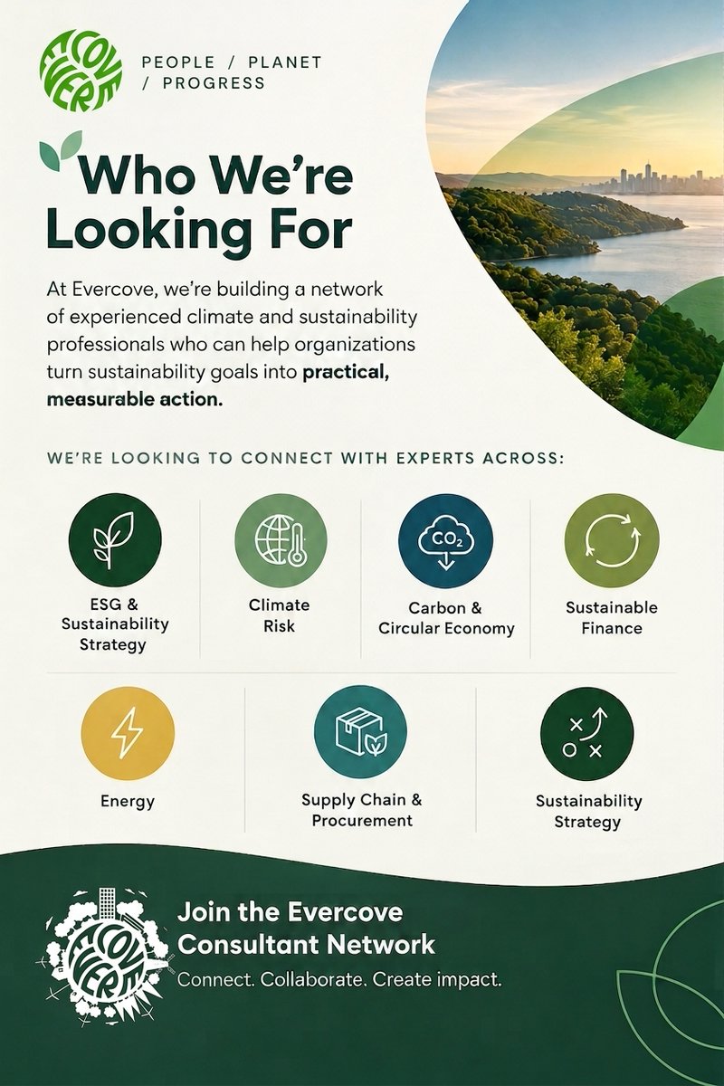 evercove's tweet photo. 𝐖𝐞’𝐫𝐞 𝐋𝐨𝐨𝐤𝐢𝐧𝐠 𝐅𝐨𝐫 consultants in:

🌍 ESG &amp; Sustainability Strategy
🌡️ Climate Risk
♻️ Carbon &amp; Circular Economy
��� Sustainable Finance
⚡ Energy
🔗 Supply Chain &amp; Procurement

🌱 𝐉𝐨𝐢𝐧 𝐭𝐡𝐞 𝐄𝐯𝐞𝐫𝐜𝐨𝐯𝐞 𝐂𝐨𝐧𝐬𝐮𝐥𝐭𝐚𝐧𝐭 𝐍𝐞𝐭𝐰𝐨𝐫𝐤.
 #ESG https://t.co/TVVRBn64IH