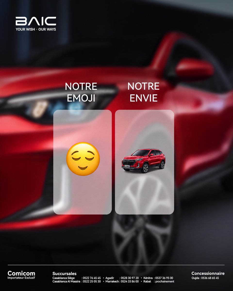 BaicMaroc's tweet photo. Il est temps de mettre à jour nos claviers, non ?
Parce que l'emoji voiture standard est un peu trop... classique pour le SUV BAIC X35.
Style, connectivité et sécurité : tout est là pour réinventer vos trajets.
Et vous, quel emoji manque cruellement à votre clavier ?

#BAIC #X35 https://t.co/PsUweeyI4Y