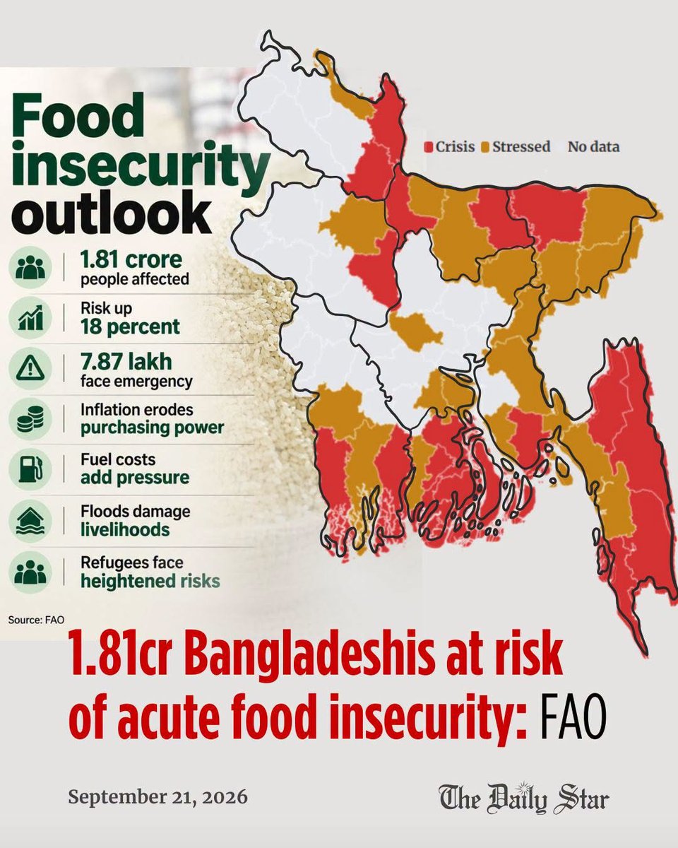 albd1971's tweet photo. Bangladesh’s food security crisis is deepening.
---
According to the FAO, 1.81 crore people are projected to face acute food insecurity between September and December 2026—18% higher than just months ago. Nearly 7.87 lakh could face emergency-level hunger.

Persistent inflation, falling purchasing power, rising fuel and energy costs, and floods are pushing more families into crisis.
👉https://t.co/YZ9uu1XqpW
#BangladeshCrisis #FoodCrisis