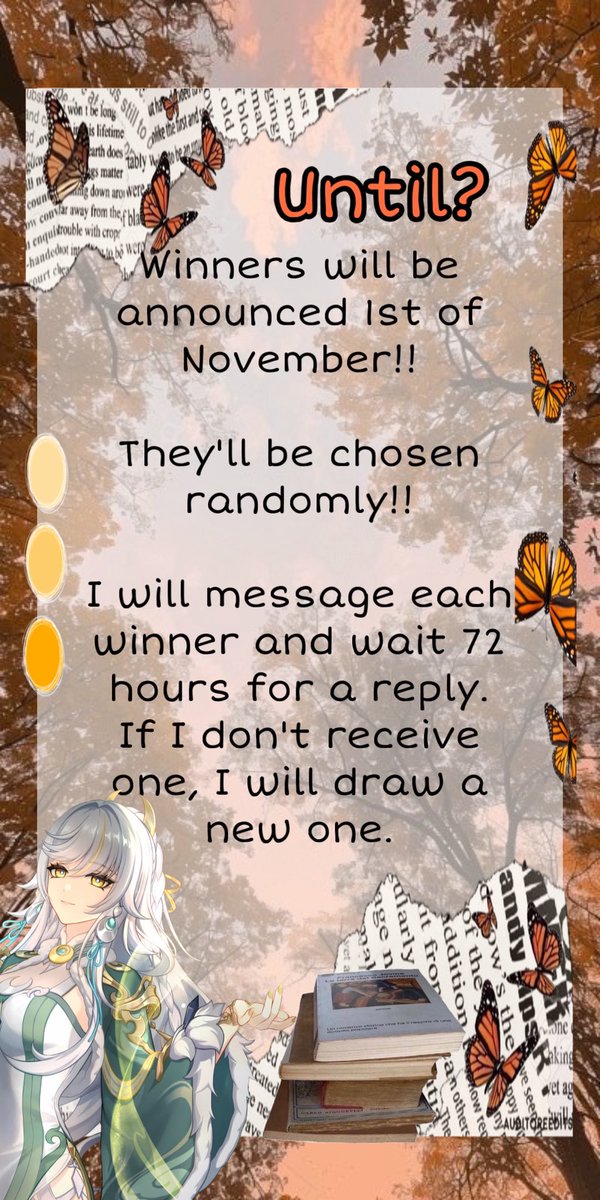 Moonchantertte's tweet photo. x3 WELKIN MOON GIVEAWAY!! 🧸ྀི

yes, i might love autumn a bit too much, but here comes my themed #genshin #giveaway . . . 𖦹 ׂ 𓈒 ☕️. .／ ⋆ ۪🥧

ꨄ︎ rules below!! ༄˖°.🍂.ೃ࿔*:･

ꨄ︎ goodluck!! 𐙚⋆°｡⋆♡ https://t.co/i8HTXW8H6h