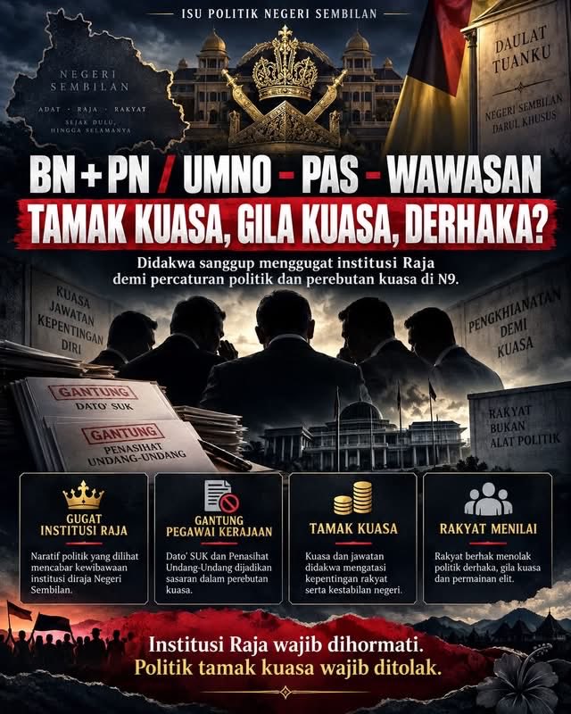 catzeeeeee's tweet photo. Bila kuasa jadi keutamaan, sumpah dan prinsip mula ditolak ke tepi.
Yang dikejar bukan lagi amanah, tetapi siapa paling cepat pegang kerusi.
Rakyat nampak bila politik mula lebih sibuk berebut kuasa daripada menjaga negeri.
#NegeriSembilan #N9 #PolitikNegeri #InstitusiRaja https://t.co/OgzdMMatOz