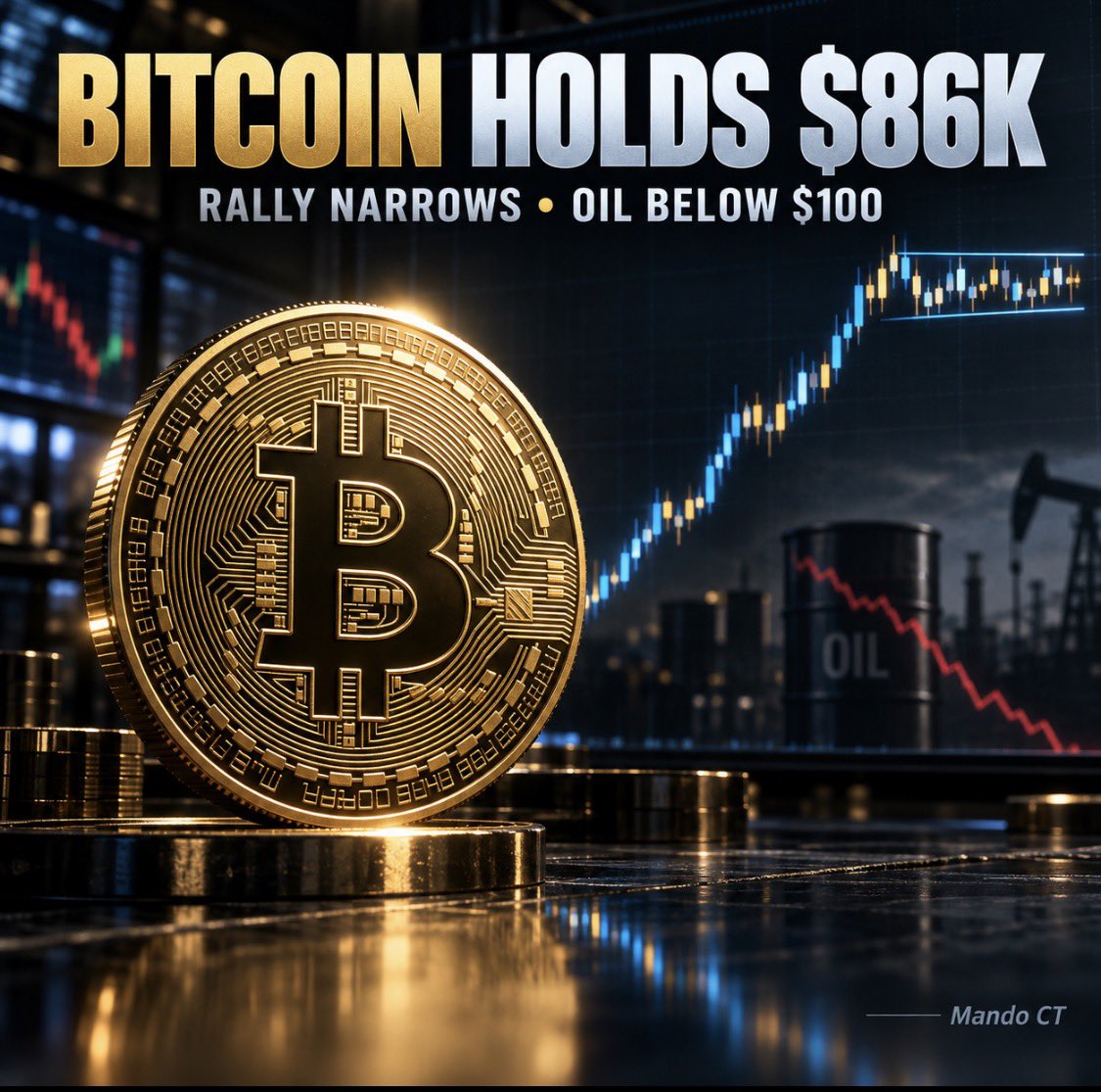 MandoCT's tweet photo. Bitcoin is consolidating around $86,000 after touching an eight-month high near $87,300.

This is healthy after such a strong move.

Brent slipping below $100 is also positive for risk assets, but the rally is narrowing which means being selective matters. Not every altcoin will automatically follow.

BTC holding $85K keeps the structure strong. Break $87K–$88K with volume and $90K becomes the next target.

Patience. No leverage. Let Bitcoin lead.

Mando CT