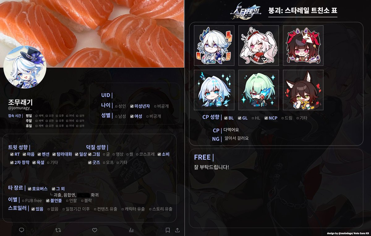 jomuragy_'s tweet photo. #원신_𝕏친소 #스타레일_𝕏친소
저랑 놀아주실분을 찾습니다
푸리나, 효광이 최애입니다.
그림은 1, 2차 둘 다 그려요!
타장은 음합엔 아니면 언급 거의 없습니다
잘 부탁드려요
트친소표 보고 찾아와주세요! https://t.co/M9Z2hui4GA