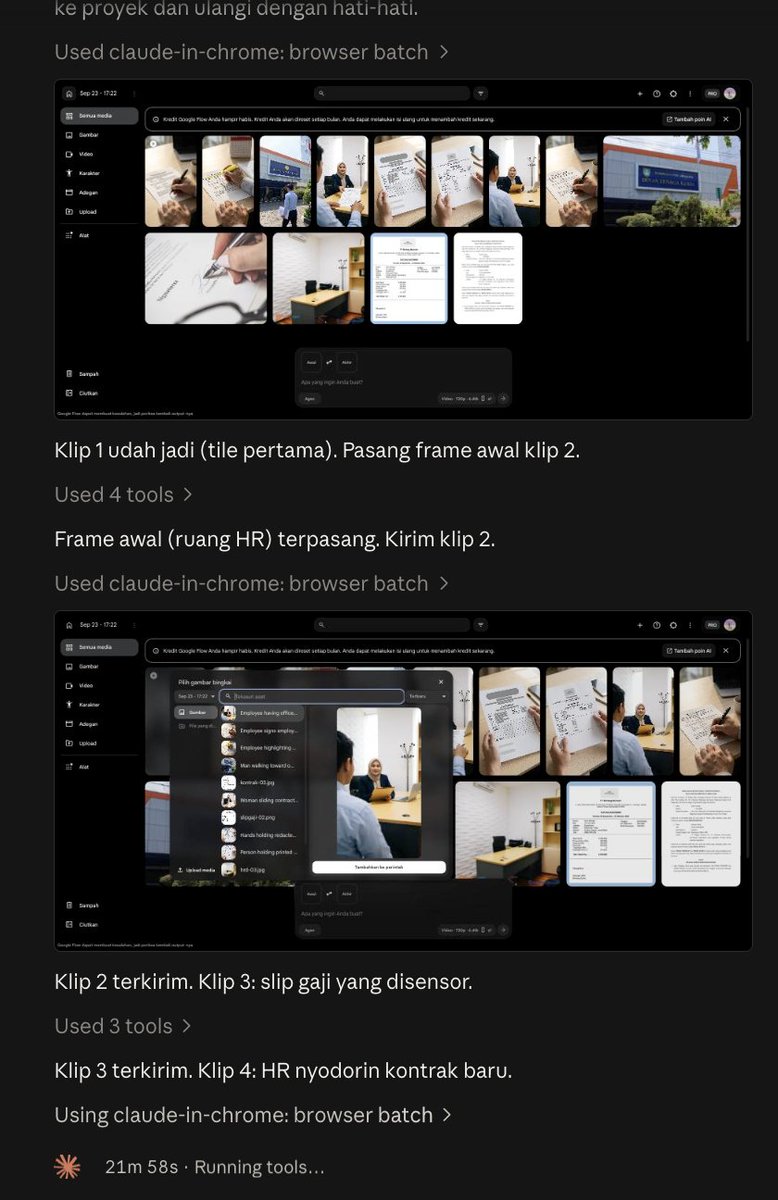 hanifproduktif's tweet photo. Buat yang penasaran gimana cara workflow video AI gue bekerja:

1. Gue login Google Flow di browser
2. Gue minta Claude akses Flow di brwoser gue
3. Claude yang ngeprompt gambar dan video, download ke PC gue
4. Claude yang ngedit, motong, dan nyambungin semua videonya jadi 1

Jadi end-to-end Claude yg bikin videonya mulai dari planning, scripting, sampai final editing.

Kenapa pake workflow ini dan ga pake API?

Karena Flow itu paling murah. Gue dapet paket yg 1000 kredit cuma IDR 20ribu. Bisa buat bikin video 600 detik 720p (10 menit footage). Pake akun pribadi, bukan sharing (kalo yg mau bisa DM gue)

Pake API pasti kena lebih mahal. Walaupun lebih efisien karena Claude ga perlu akses ke browser kita.

Di Google Flow: Bisa pilih Omni 1.1 (setara seedance 2.0), ga ada watermark, dan generate image gratis (Nano Banana Pro)

Nah kalo konten lo berbasis gambar kayak video stick-man atau explainer, cost-nya basically zero... karena generate image-nya gratis.