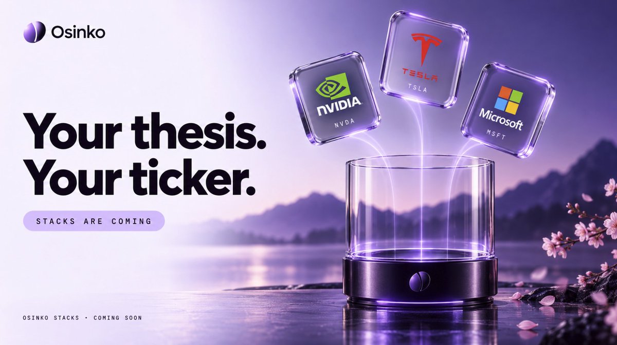 UseOsinko's tweet photo. A stock ticker tells you which company you’re buying.

A Stack starts with a bigger question: what’s your thesis?

Maybe you believe NVIDIA builds the compute, Microsoft distributes the software, and Tesla brings AI into the physical world.

With Osinko Stacks, you can put that idea together in one composition.

Here’s how the builder works:

→ Pick your stocks.
Add the companies that express your thesis. Each becomes a component of your Stack.

→ Set the weights.
Choose how much of the composition each stock represents. A 50% NVDA / 30% MSFT / 20% TSLA mix expresses a different conviction than an equal split.

→ Adjust the balance.
Increase one weight and the builder redistributes the remaining allocation proportionally. Move NVDA from 50% to 60%, and that 30/20 split becomes 24/16. The total stays at 100%.

→ Watch it take shape.
The composition ring responds as you adjust. Every segment represents a stock’s share of the allocation, so you can see what you’re building as you build it.

→ Give it an identity.
Name your Stack. Choose its ticker. Turn a collection of stock picks into a clearly defined investment idea.
These controls define the composition in the builder. Moving a slider is a preview edit, not an executed trade.

That’s the starting point for Osinko Stacks: making an investment thesis something you can assemble, inspect, and put your name on.

Your thesis. Your ticker.

Coming next to Osinko.