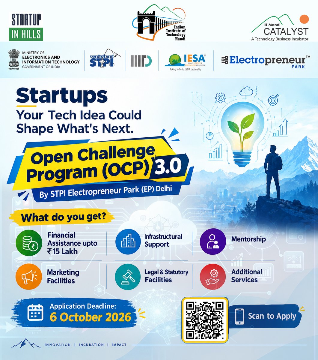 iitmndicatalyst's tweet photo. 🌟 Open Challenge Program (OCP) 3.0 – Apply Now!
📅 Application Deadline: 6 October 2026
🔗 Apply Now: https://t.co/3sOcRdFclV
#IITMandiCatalyst #ElectropreneurPark #EP20 #OpenChallengeProgram #OCP #ESDM #CognitiveComputing #SocialSensing #DeepTech #Electronics #Innovation https://t.co/ktMSGcC2Kk