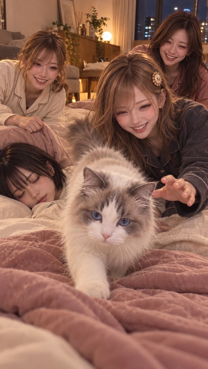 renapi430's tweet photo. 「まだ眠くない！」と言っていたあんが、いちばんに寝ました😂

さなが毛布を掛けたところへ、バロンがひょいっと登場🐱
ゆずとれなで笑うのをこらえていたら、カメラの前を堂々と横切っていきました。

今夜の主役、最後に全部持っていかれたかも。おやすみなさい🌙

#お泊まり会 #ラグドール #れなぴ https://t.co/yHy62z5YIe