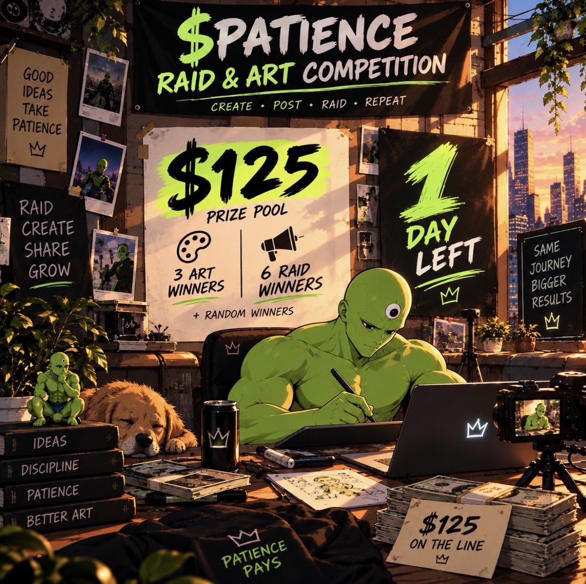 PatienceOnHood's tweet photo. 🚨 1 DAY LEFT. 

The $PATIENCE Raid &amp; Art Competition ends tomorrow.

$125 on the line.
6 Raid winners.
3 Art winners.

One final day to create, raid and put yourself in the running.

Don’t leave it too late. 🌱 https://t.co/ZjMW8B83hk