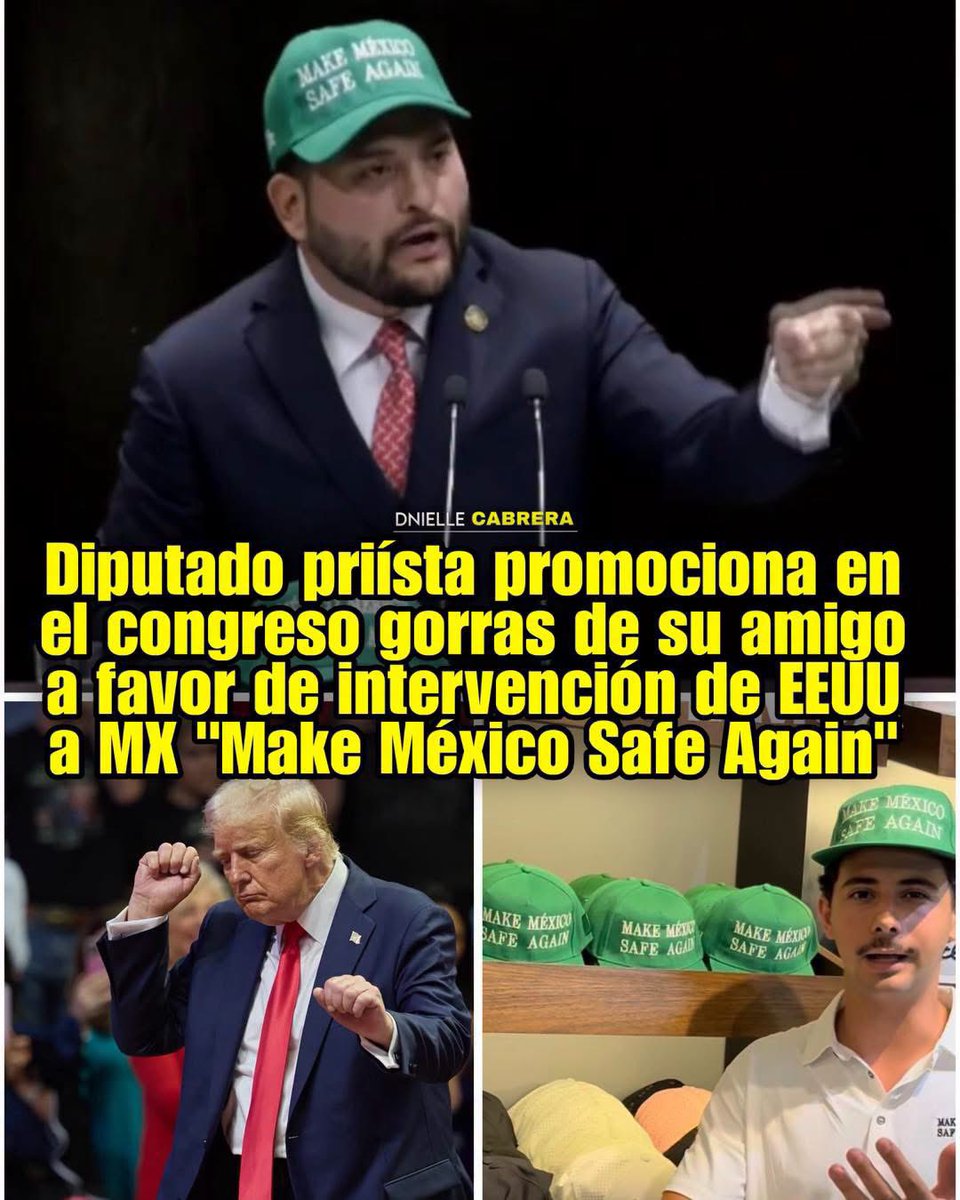 DnielleCabrera's tweet photo. 🚨 PRIÍSTA PROMOCIONA EN EL CONGRESO LAS GORRAS A FAVOR DE INTERVENCIÓN DE EEUU A MX

El diputado priísta Carlos Mancilla, dio un discurso en el congreso utilizando las gorras a favor de intervención de EEUU a México “Make México Safe Again” vendidas por el hermano de la mujer se cayó de las escaleras por increpar a Noroña.