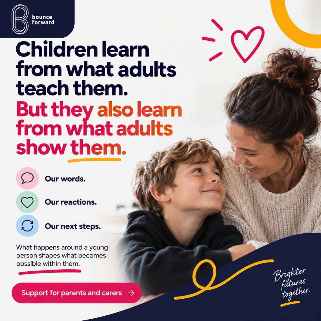 bounceforward's tweet photo. Young people don’t develop psychological fitness in isolation. The adults around them form part of their lived curriculum. What happens around a young person shapes what becomes possible within them.

Discover our support for parents and carers:
https://t.co/9OaKdcW059 https://t.co/GvepblCuT6