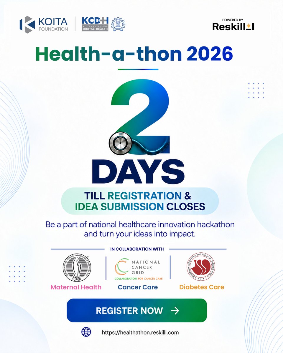 Reskilll's tweet photo. 🚀 Only 2 Days Left to Turn Your Healthcare Ideas into Impact!

The countdown is on for Health-a-thon 2026 — a national healthcare innovation hackathon powered by Reskill and supported by Koita Foundation & KCDH.

Got an innovative idea that could transform healthcare? This is your chance to bring it to life!

⏳ Registration & Idea Submission closes in just 2 DAYS!
Don't miss the opportunity to be part of India's healthcare innovation journey.

🔗 Register now: https://t.co/WSNaL0LXwv 

#Healthathon2026 #HealthcareInnovation #DigitalHealth #HealthTech #Innovation