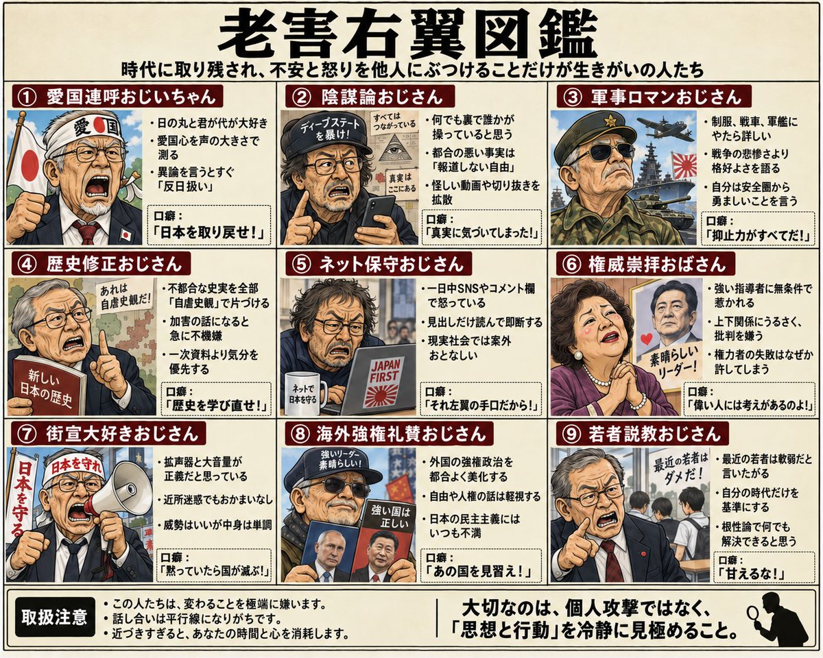 sitosi's tweet photo. ネットで「老害左翼図鑑」のイラストが流れています。しかし、左にも右にも、老人にも若者にもろくでなしは存在します。なの���、「老害右翼図鑑」、「若害左翼図鑑」、「若害右翼図鑑」と、それに加えて、真の
対立である「知性の分断図鑑」も作成してみました🤭
#老害左翼図鑑 #老害右翼図鑑 #若害左翼図鑑 #若害右翼図鑑 #知性の分断図鑑