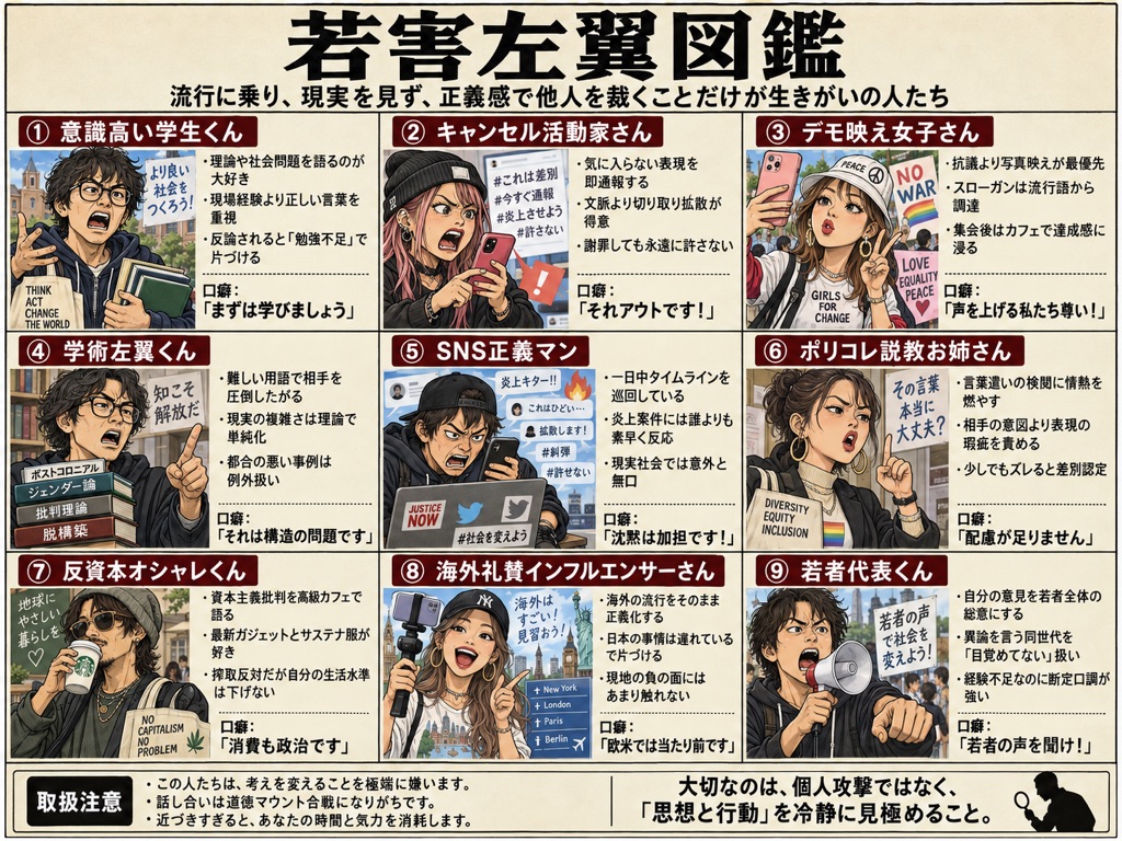 sitosi's tweet photo. ネットで「老害左翼図鑑」のイラストが流れています。しかし、左にも右にも、老人にも若者にもろくでなしは存在します。なの���、「老害右翼図鑑」、「若害左翼図鑑」、「若害右翼図鑑」と、それに加えて、真の
対立である「知性の分断図鑑」も作成してみました🤭
#老害左翼図鑑 #老害右翼図鑑 #若害左翼図鑑 #若害右翼図鑑 #知性の分断図鑑